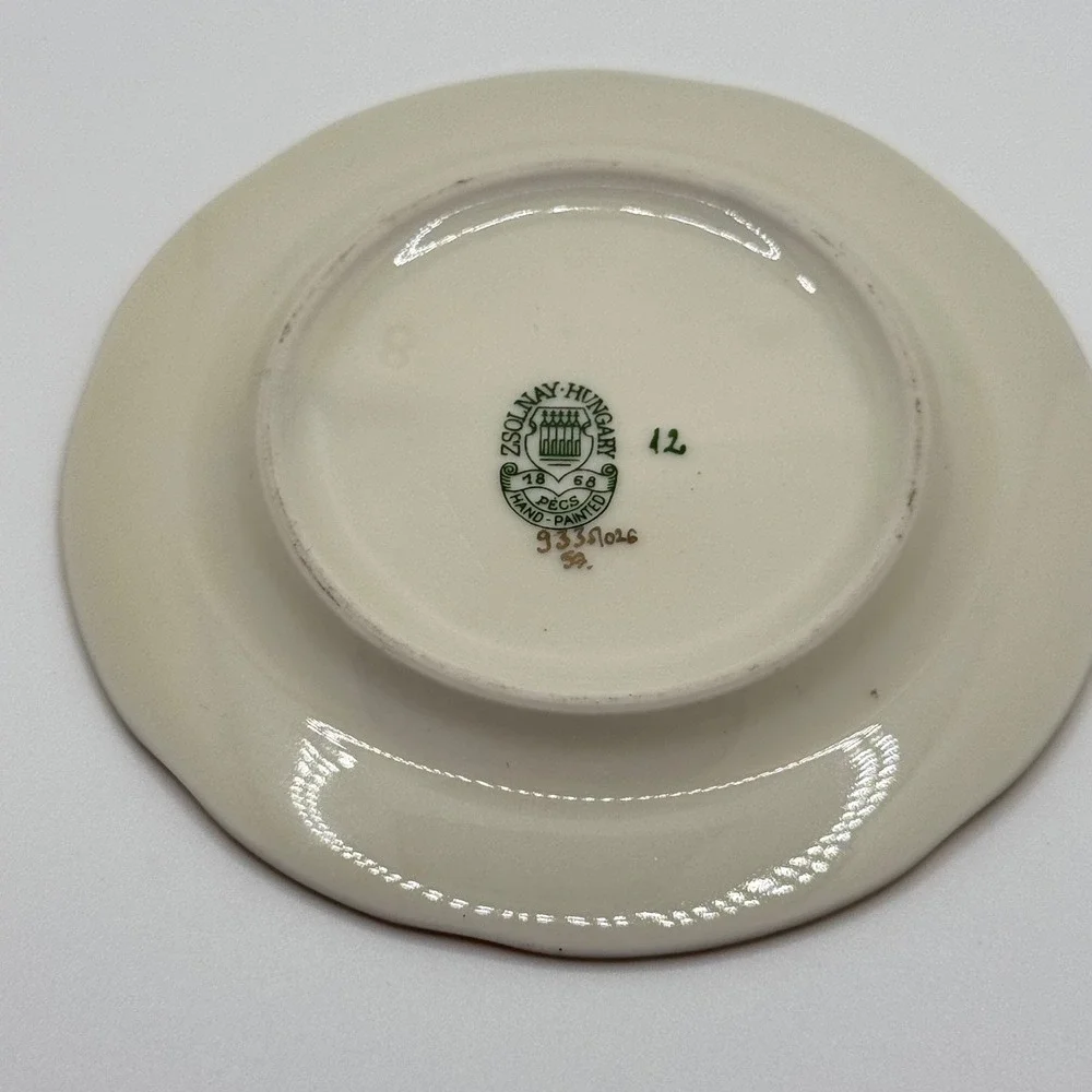 Zsolnay Hungary Hand Painted Butterfly Floral Mini Plate Gold Gilt Trinket Dish